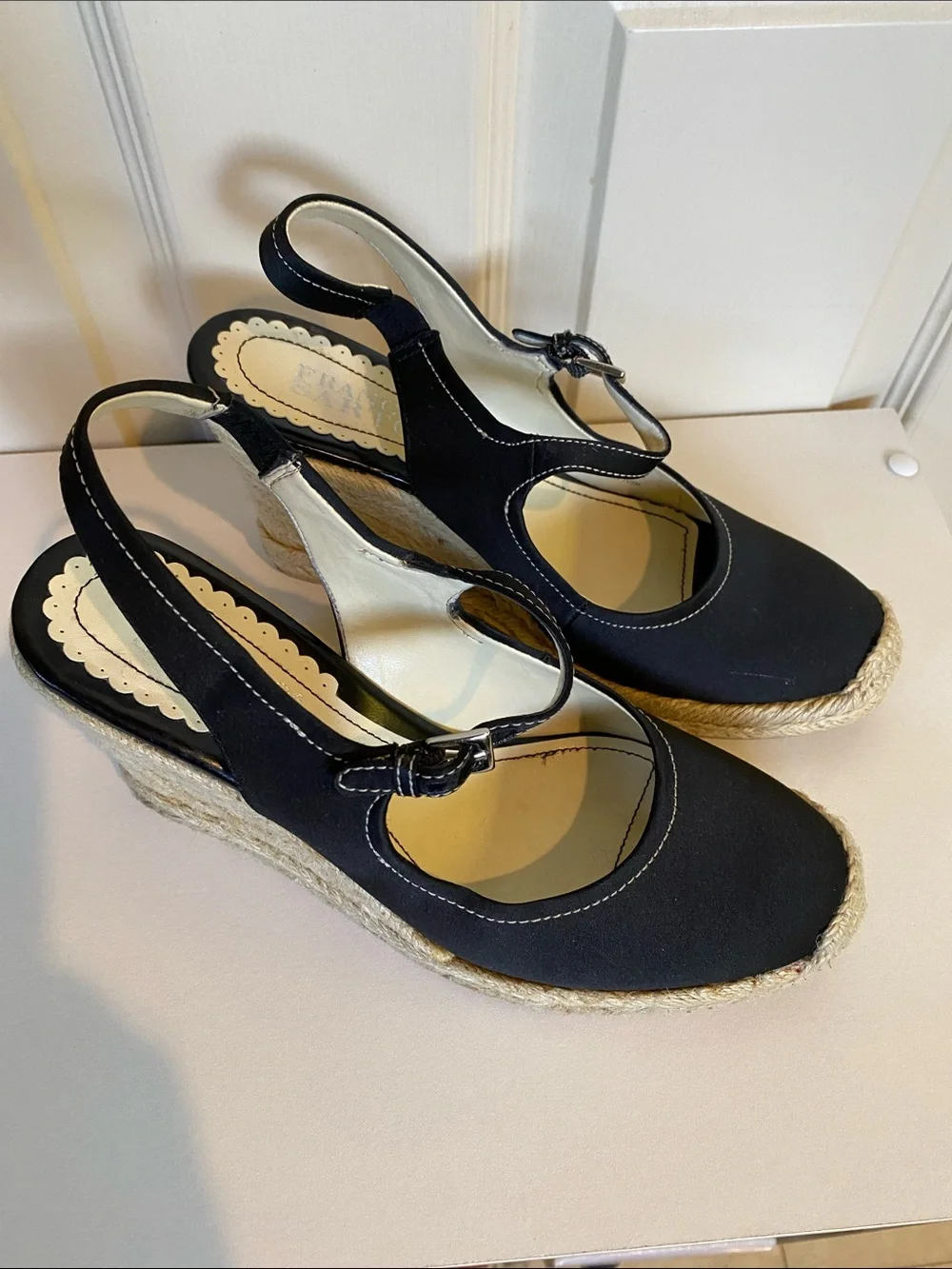 Franco Sarto Black and Cream Espadrille Wedge Slingbacks